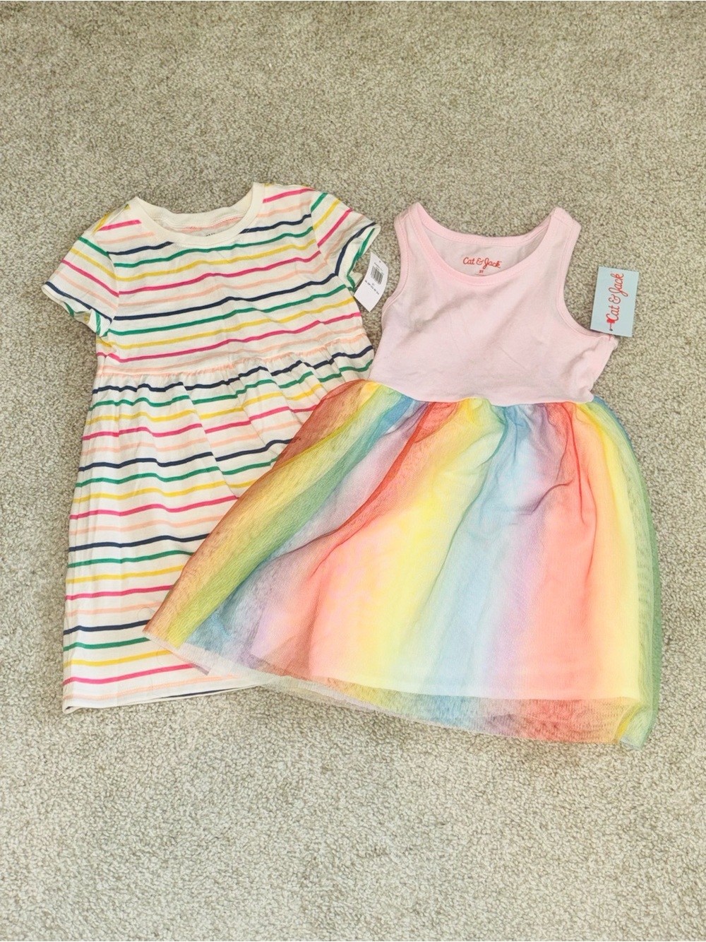 Cat & Jack Pink Bodice Rainbow Tulle Dress and Old Navy Striped Tee Dress